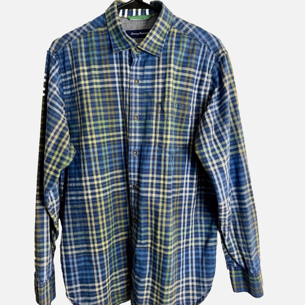 Tommy Bahama Blue Green Plaid Flannel 100% Cotton Collared Shirt Size M Medium